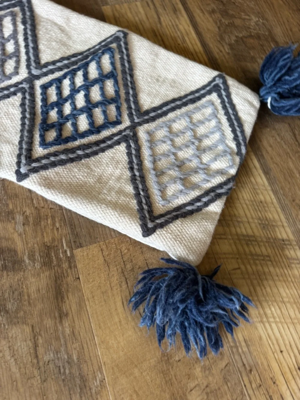 Magnolia Home Diamond Pattern Oblong Throw Pillow Cover with Blue Tassels Wool